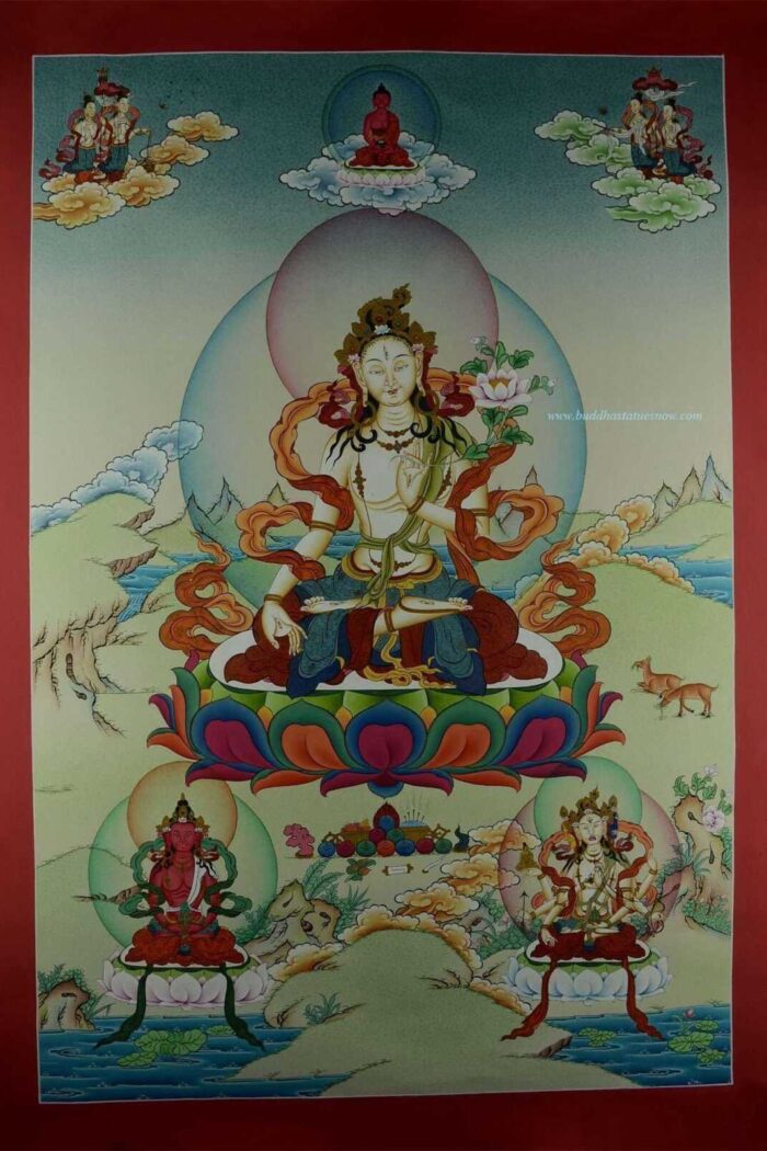 White Tara Tibetan Thangka Hand Painted 24k Gold Detailing 33.25" x 23" - Full Front