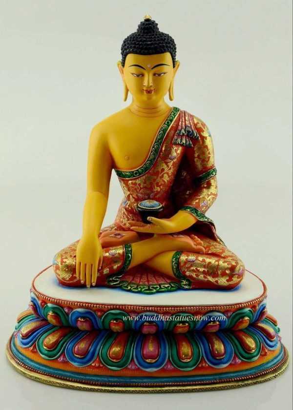 Partly Gold Gilded 10.75" Shakyamuni Buddha Statue (Multicolored) - Front