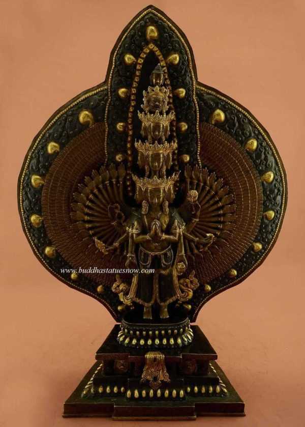 Oxidized Copper 20.25" 1000 Armed Avalokitesvara Statue (24k Gold) - Front