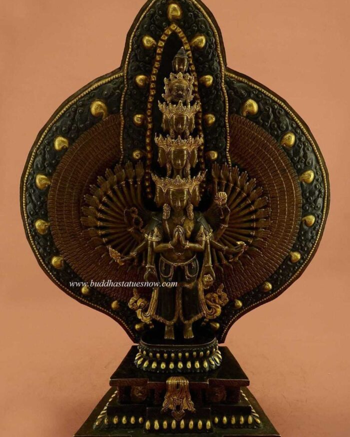 Oxidized Copper 20.25" 1000 Armed Avalokitesvara Statue (24k Gold) - Front
