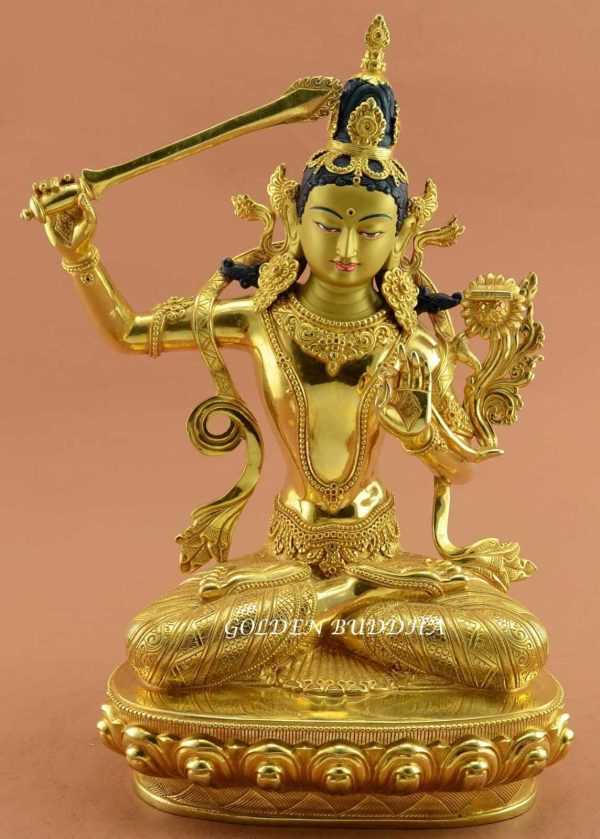 Fully Gold Gilded 14" Nepali Manjushri Sculpture, Fine Hand Carved Details - Gallery