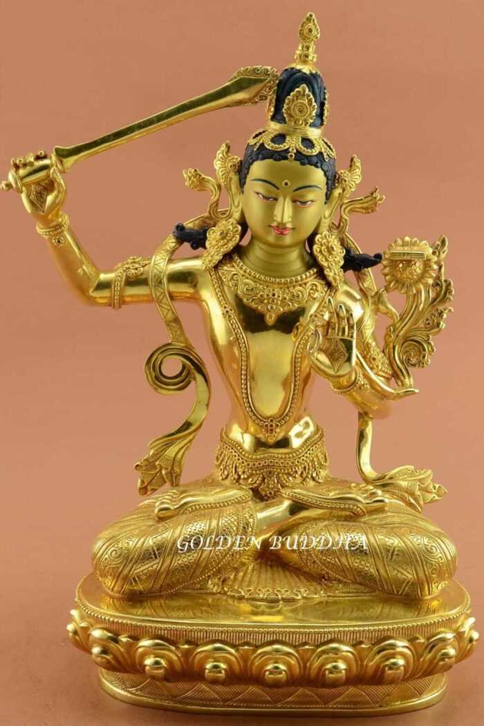 Fully Gold Gilded 14" Nepali Manjushri Sculpture, Fine Hand Carved Details - Gallery