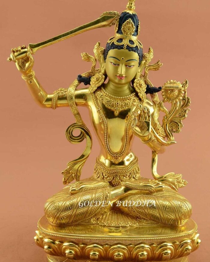 Fully Gold Gilded 14" Nepali Manjushri Sculpture, Fine Hand Carved Details - Gallery