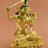 Fully Gold Gilded 14" Nepali Manjushri Sculpture, Fine Hand Carved Details - Right