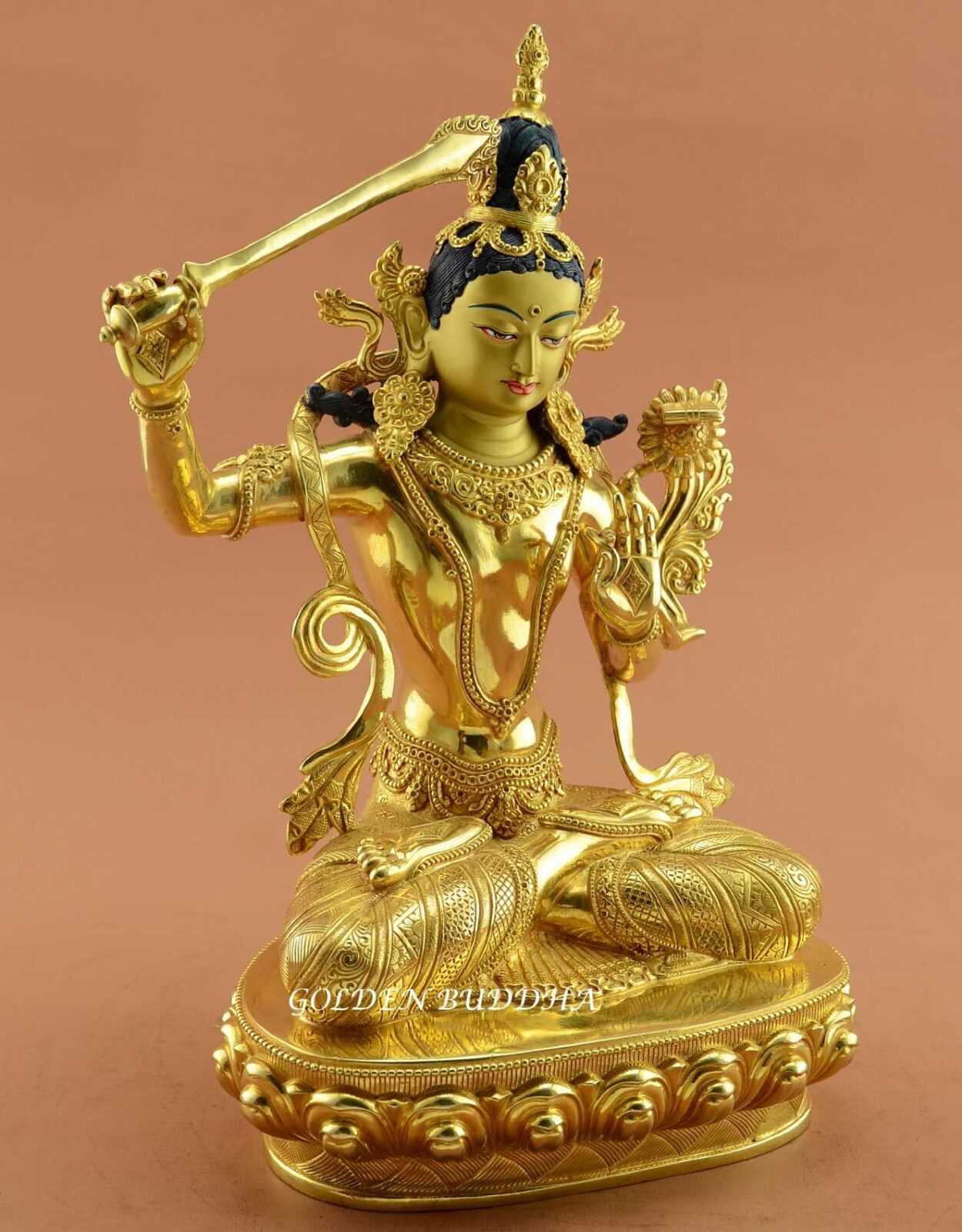 Fully Gold Gilded 14" Nepali Manjushri Sculpture, Fine Hand Carved Details - Right