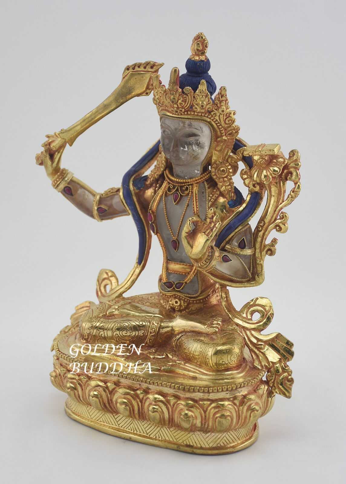 Gold Gilded 8.75" Tibetan Manjushri Sculpture, Crystal Body, Semi-Precious Stones, 24K Gold Finish - Left