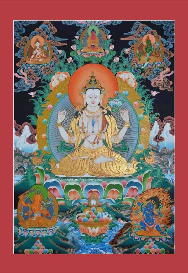 Padmapani Tibetan Thangka 33.25" x 23.75", 24k Gold Detailing - Gallery