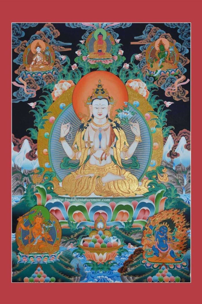 Padmapani Tibetan Thangka 33.25" x 23.75", 24k Gold Detailing - Gallery