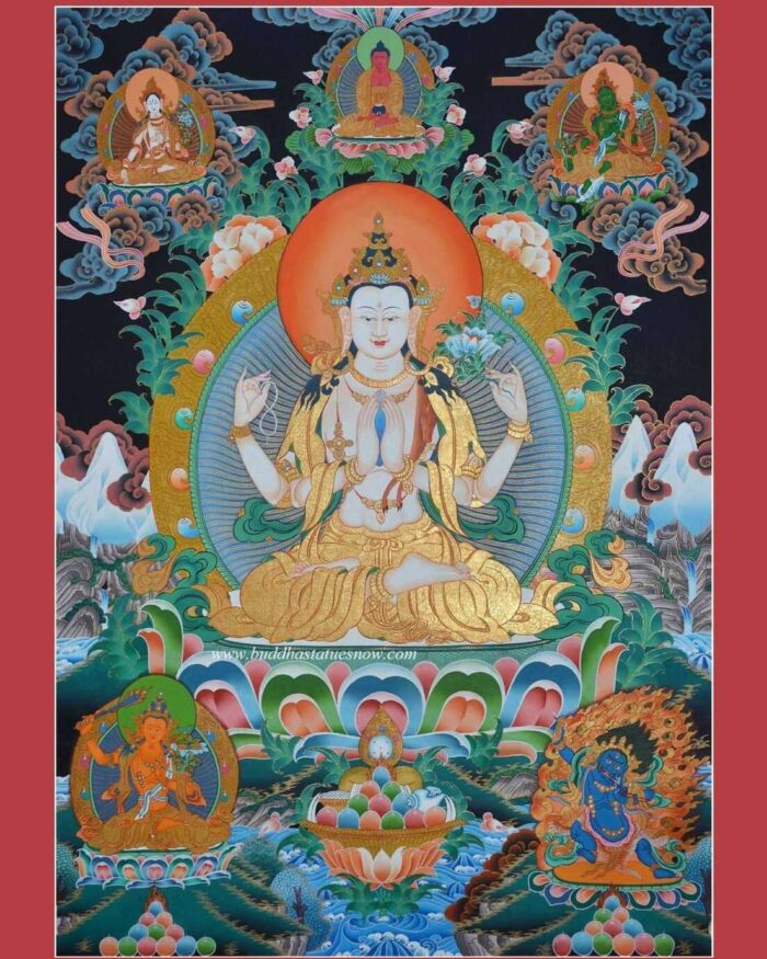Padmapani Tibetan Thangka 33.25" x 23.75", 24k Gold Detailing - Gallery