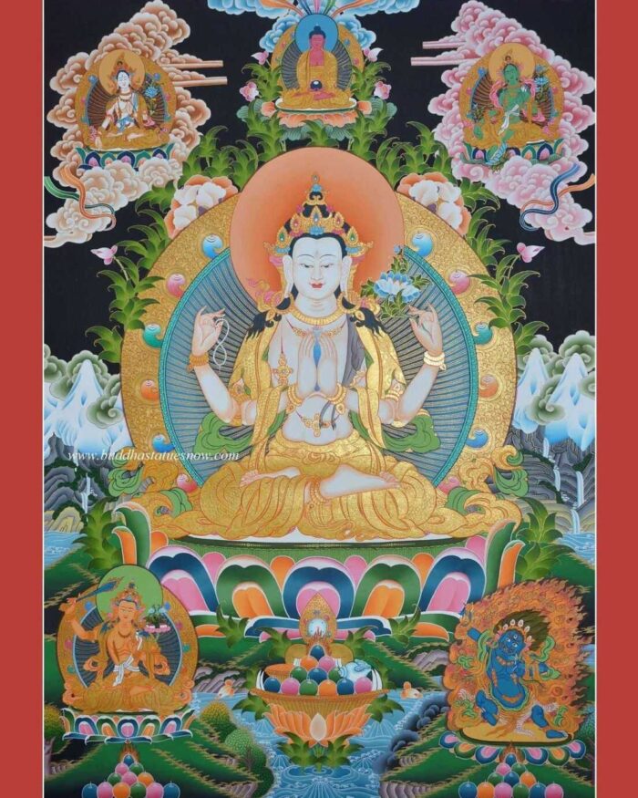 Tibetan Avalokiteshvara Thangka 33.5" x 24.25", 24k Gold Detailing - Gallery
