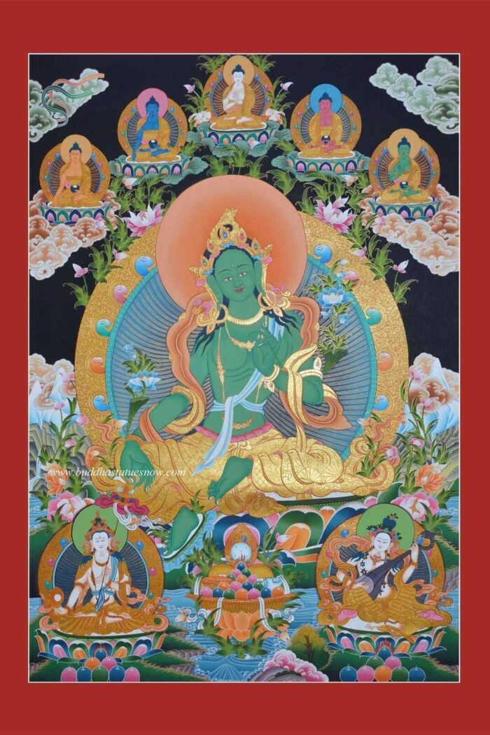 Green Tara Tibetan Thangka Painting 32.5" x 23.5" (24k Gold Detailing) - Gallery