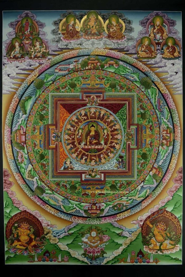 Shakyamuni Buddha Mandala Thangka Painting 32.5" x 23.5" (24k Gold Detailing) - Gallery