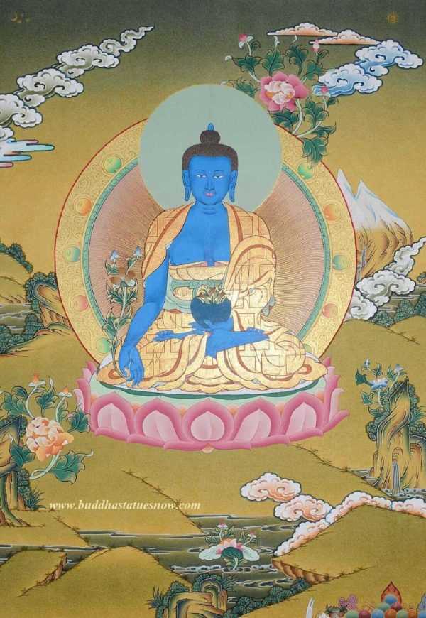 Medicine Buddha Tibetan Thangka Painting 29.5" x 22.5" (24k Gold Detail) - Gallery