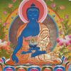 Medicine Buddha Tibetan Thangka Painting 29.75" x 22.25" (24k Gold Detail) - Face Detail