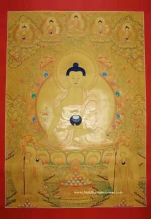 Medicine Buddha Tibetan Thangka Painting 43" x 32" (24k Gold Detail) - Gallery