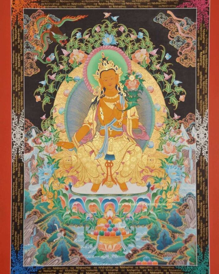 Maitreya Buddha Tibetan Thangka Painting 47.5" x 35" (24k Gold Detail) - Gallery
