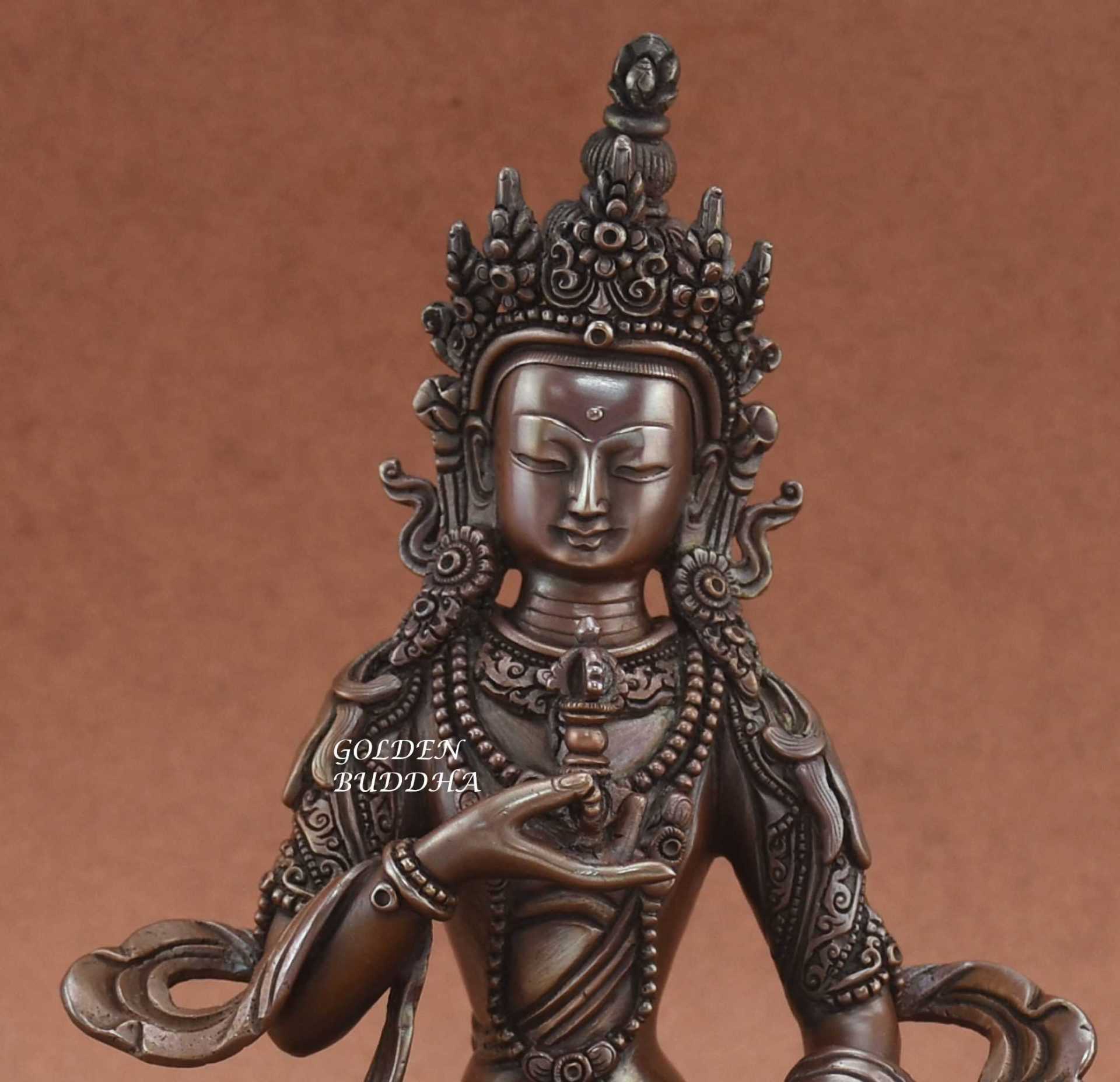 Antiquated Nepali Vajrasattva Statue, 9" Hand Crafted Fine Details, Dorje Sempa - Face Details