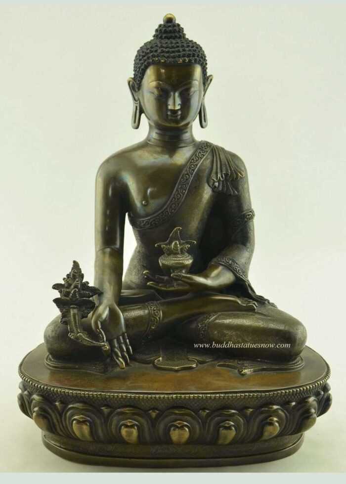 Oxidized Copper 14" Medicine Buddha Statue (Made in Patan) - Front
