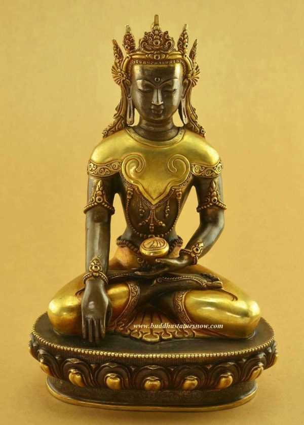 Oxidized Copper 10.5" Shakyamuni Buddha Statue (24k Gold Gilded) - Front