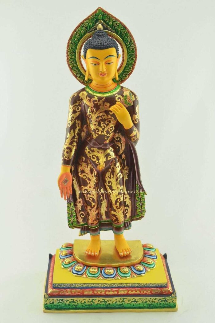 Multicolored 19" Standing Shakyamuni Buddha Statue 24k Gold Detailing, Removable Frame - Gallery