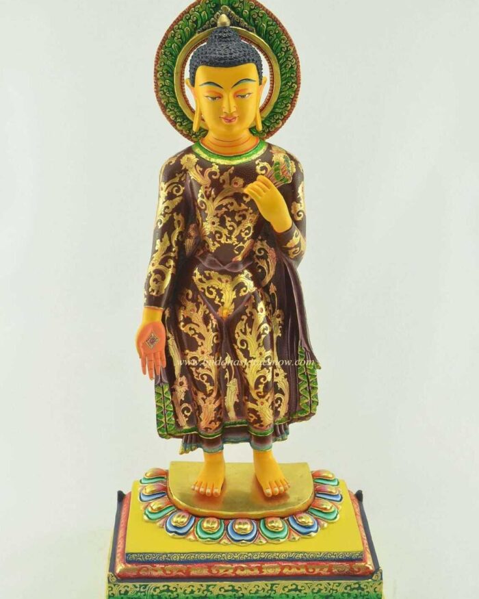 Multicolored 19" Standing Shakyamuni Buddha Statue 24k Gold Detailing, Removable Frame - Gallery
