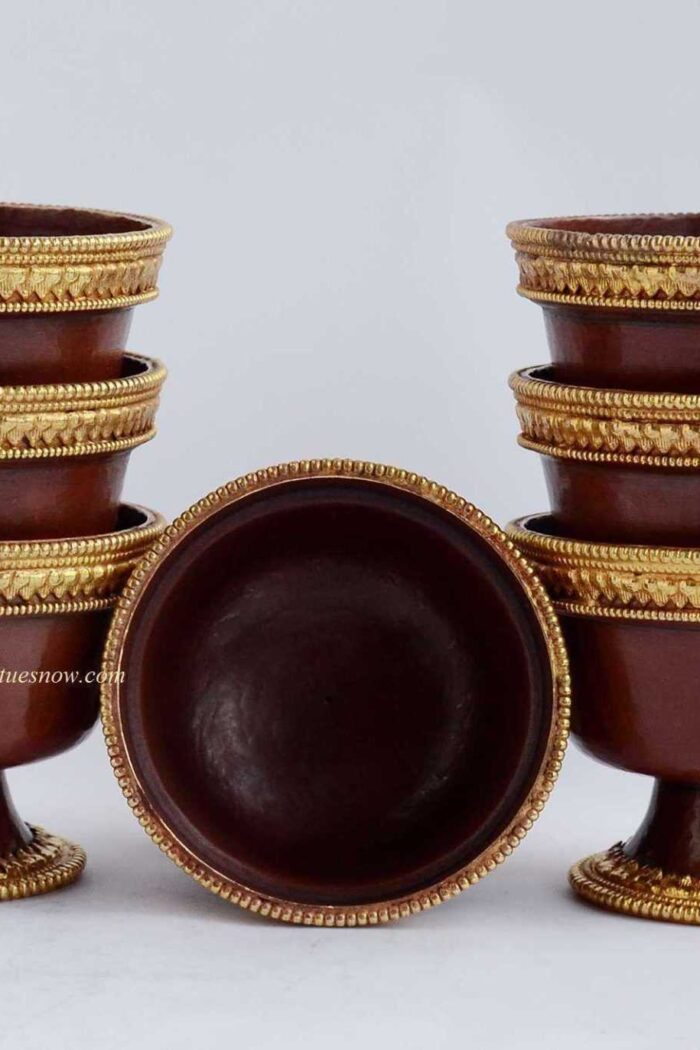 3" Set of Seven Tibetan Offering Bowls 2.5" Hgt (Oxidized Copper, 24k Gold Trim)