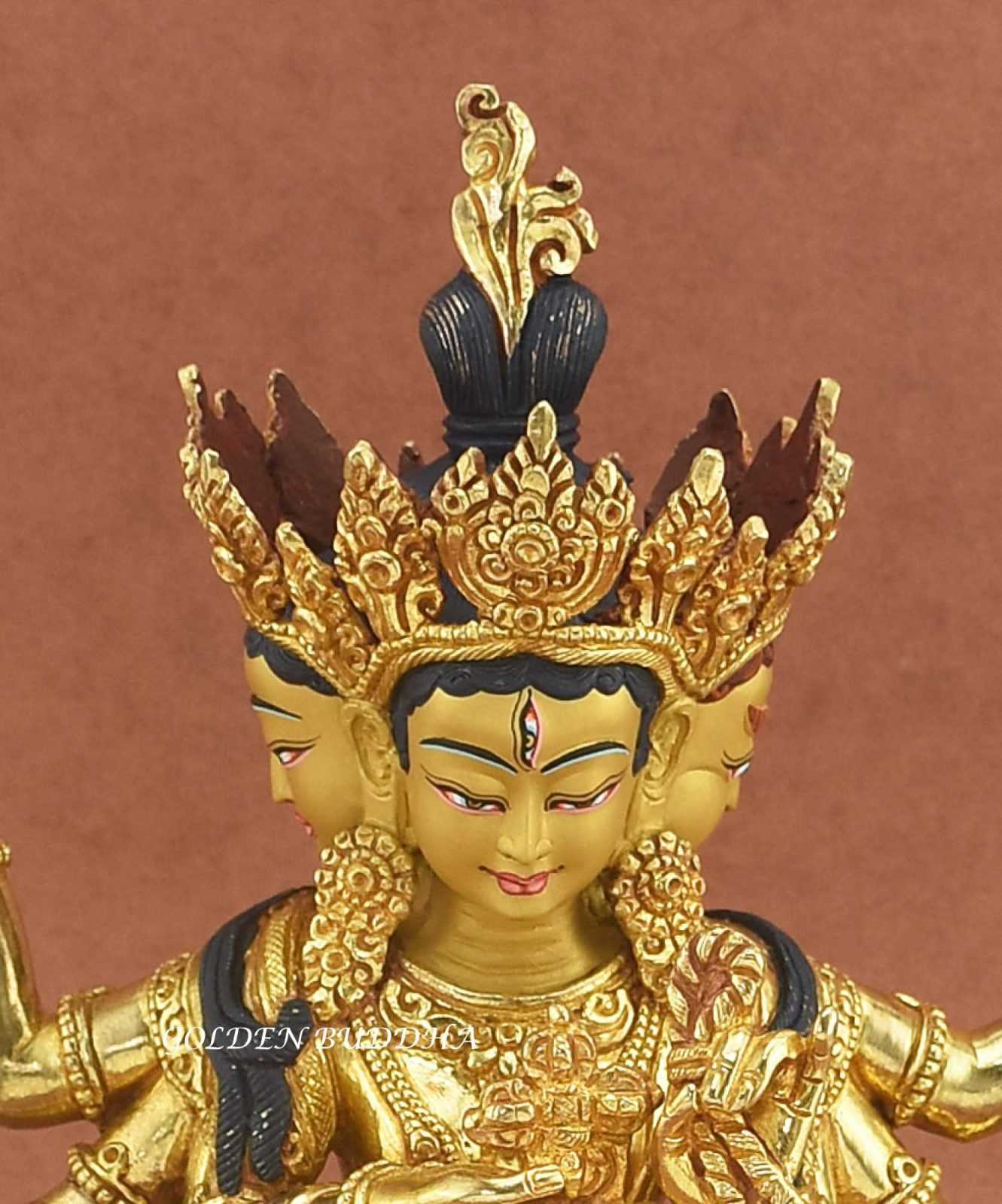 Fully Gold Gilded 9.5" Namgyalma Statue, Finely Carved Details, Gold Painted Face - Face Details