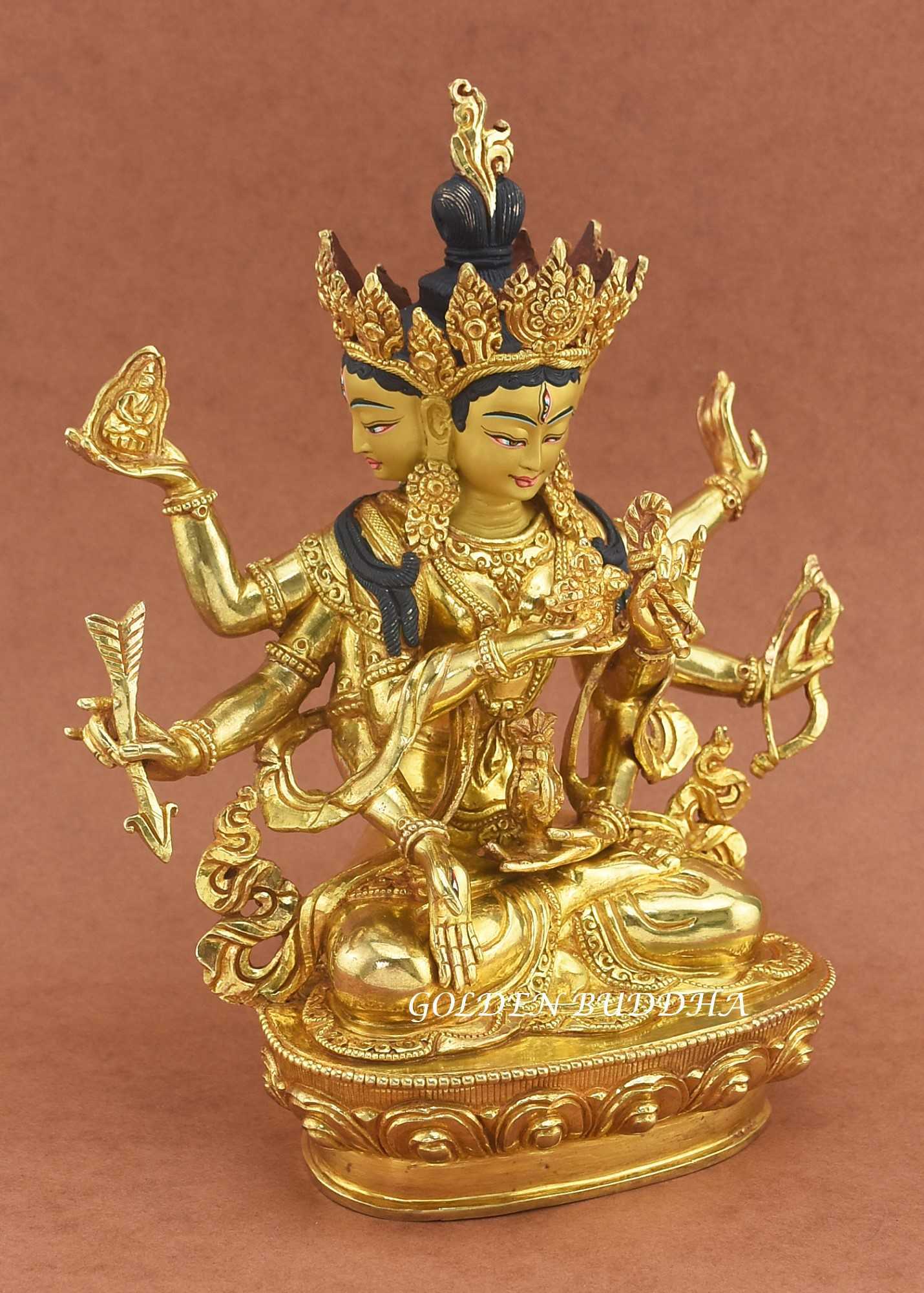Fully Gold Gilded 9.5" Namgyalma Statue, Finely Carved Details, Gold Painted Face - Right