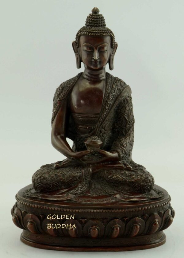 Oxidized Copper 8.75" Nepali Amitabha Statue, Beautiful Hand Carved Engravings - Gallery