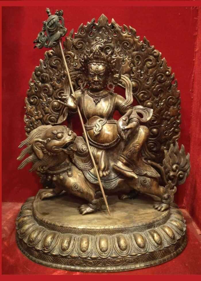Antique Copper Finish 35cm Yellow Dzambhala Statue (Snow Lion Mount) - Front