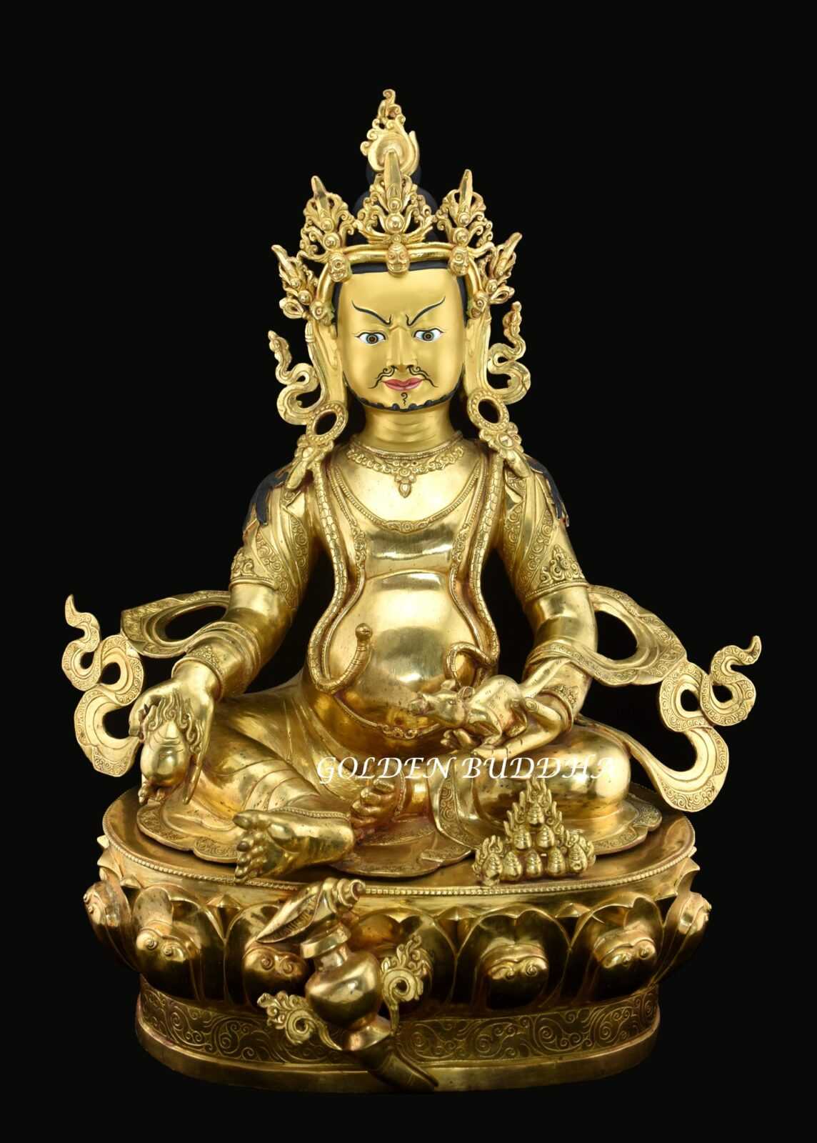 Fully Gold Gilded 26" Yellow Dzambhala Sculpture, Fine Hand Carved Details - Gallery