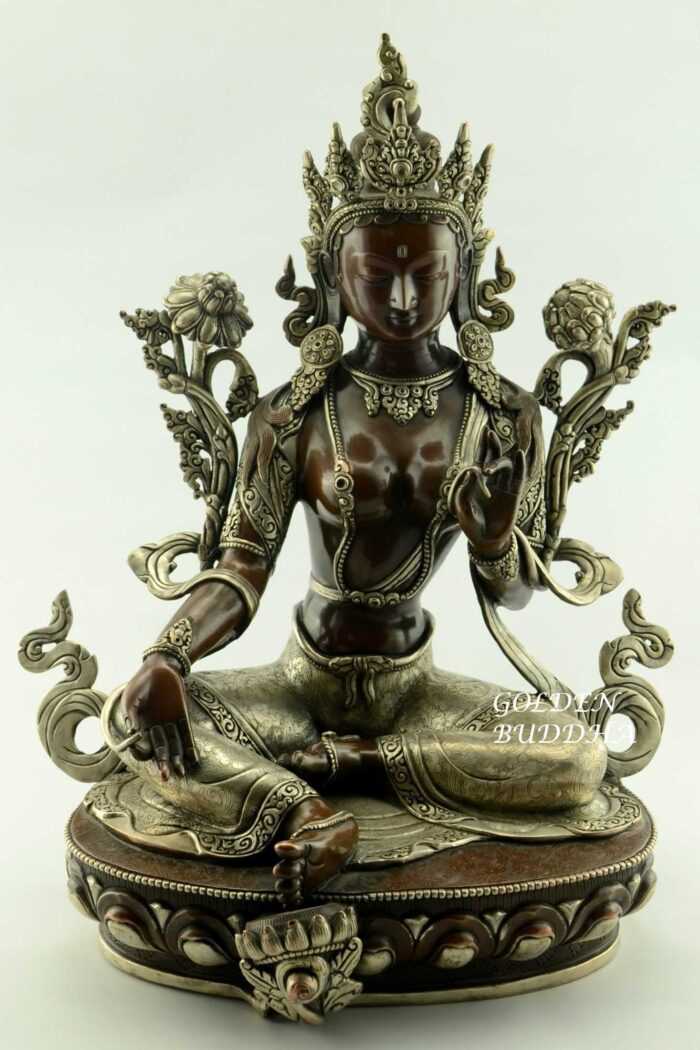 Beautiful Green Tara Statue, 16" Silver Plated Highlights, Fine Hand Carved Detailing - Gallery
