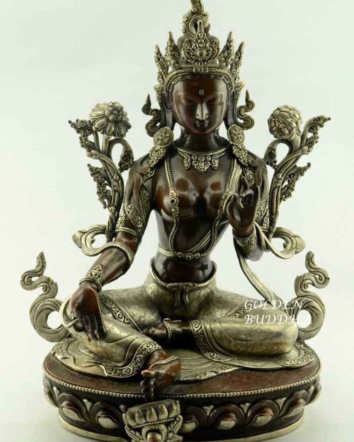 Beautiful Green Tara Statue, 16" Silver Plated Highlights, Fine Hand Carved Detailing - Gallery