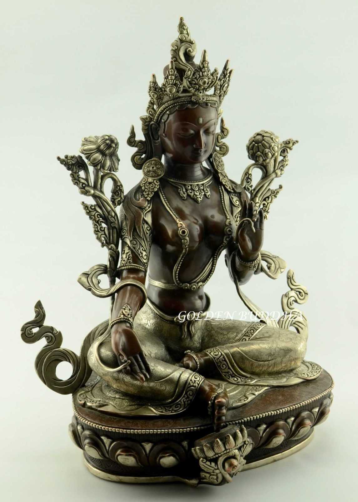 Beautiful Green Tara Statue, 16" Silver Plated Highlights, Fine Hand Carved Detailing - Right