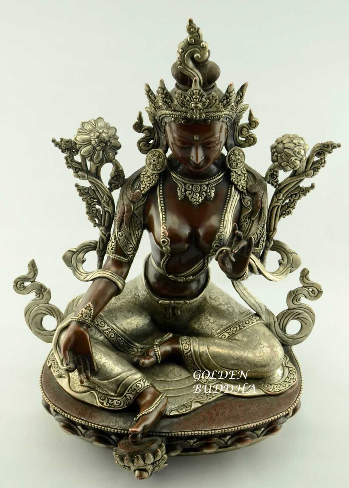 Beautiful Green Tara Statue, 16" Silver Plated Highlights, Fine Hand Carved Detailing - Upper Details