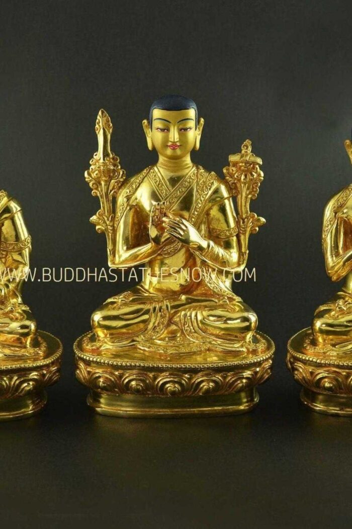 Fully Gold Gilded 8" Guru Tsongkhapa Statues Set (24k Gold Finish) - Gallery