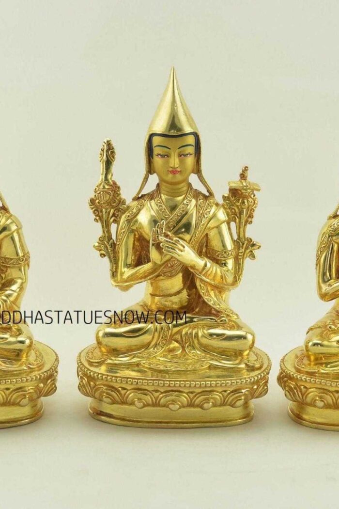 Fully Gold Gilded 9.25" Guru Tsongkhapa Statue Set (24k Gold Finish) - Gallery