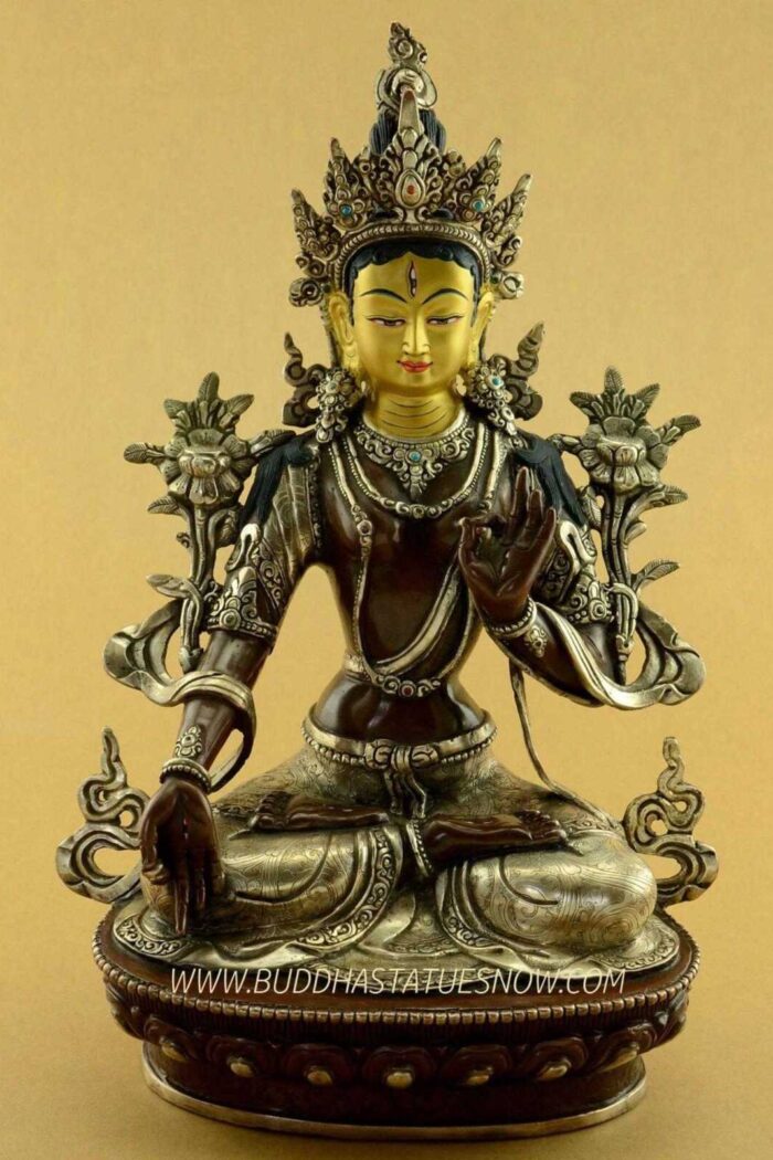 Oxidized Copper 12.75" Gold Face Dolkar Statue, Silver Plated Features, Handmade - Gallery