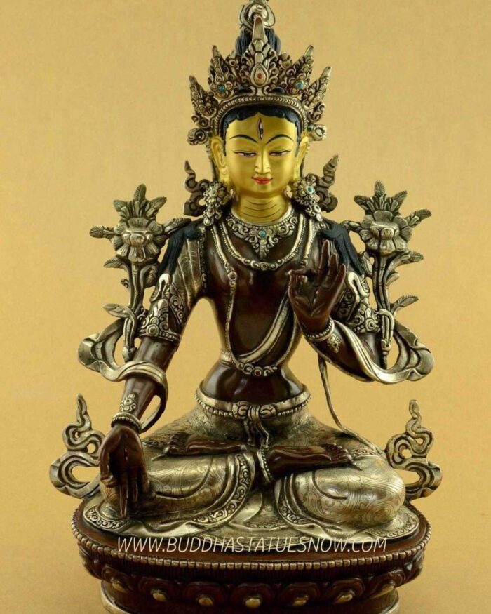 Oxidized Copper 12.75" Gold Face Dolkar Statue, Silver Plated Features, Handmade - Gallery