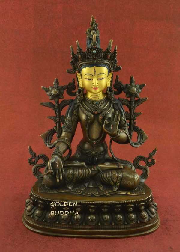 Oxidized Copper 13.25" White Tara Statue, Gold Painted Face, Double Lotus - Gallery