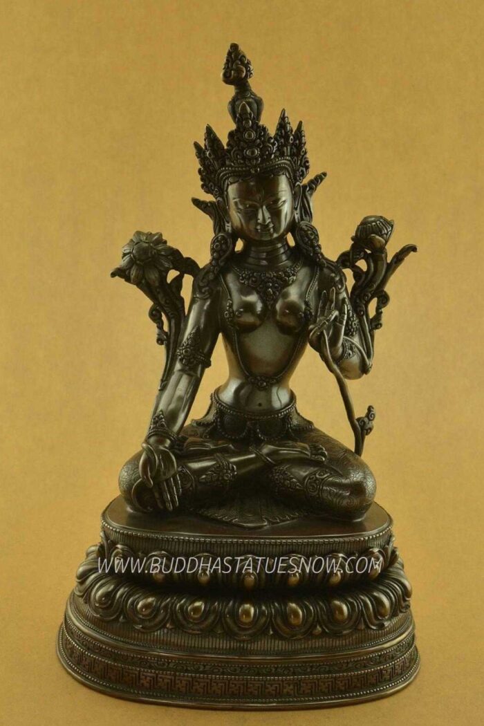 Oxidized Copper 14" White Tara Sculpture, Beautiful Hand Carved Engravings - Gallery