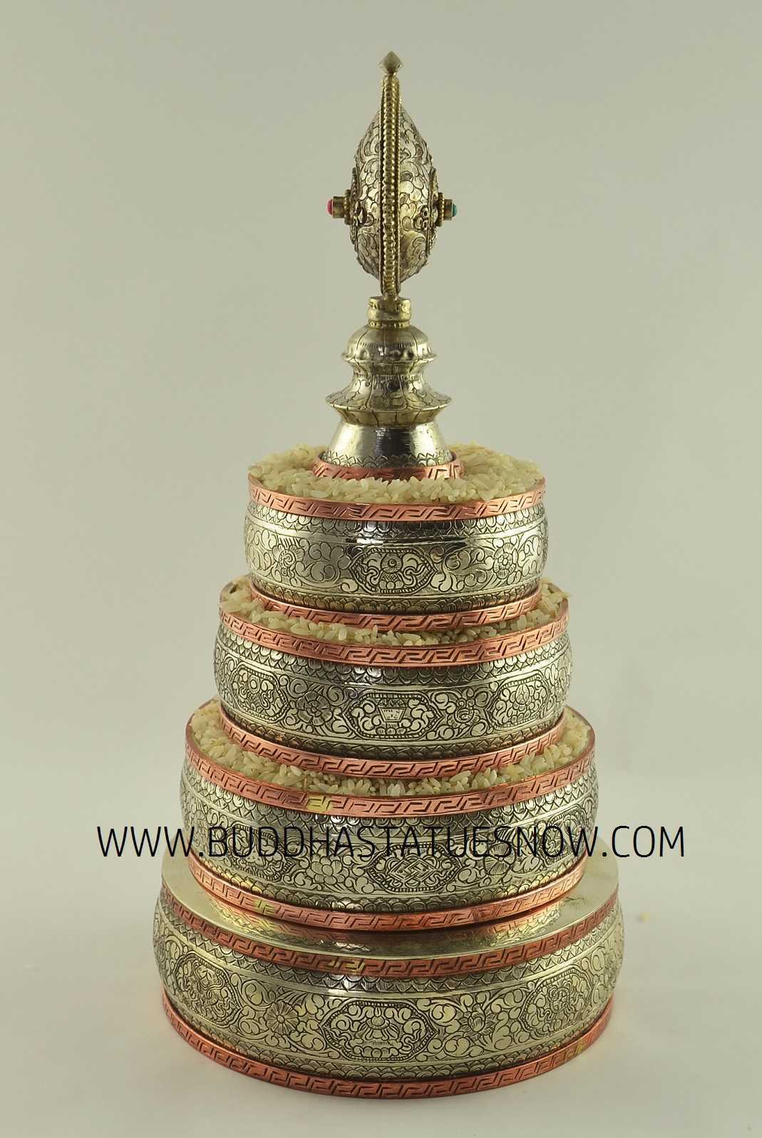 Tibetan Mandala Set 10.25" White Metal, Copper Rings (w/o Base Ring Stand) - Left