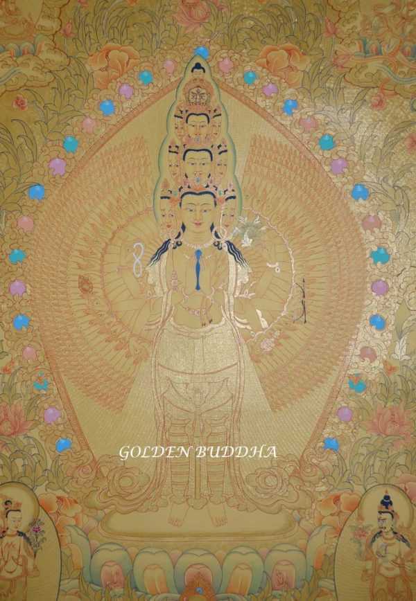 1000 Armed Avalokiteshvara Tibetan Thangka 33.5" x 25.5", Hand Painted, 24K Gold Detail - Gallery w/o Border