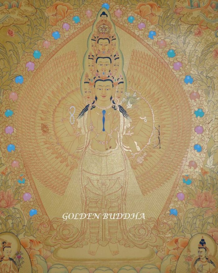 1000 Armed Avalokiteshvara Tibetan Thangka 33.5" x 25.5", Hand Painted, 24K Gold Detail - Gallery w/o Border