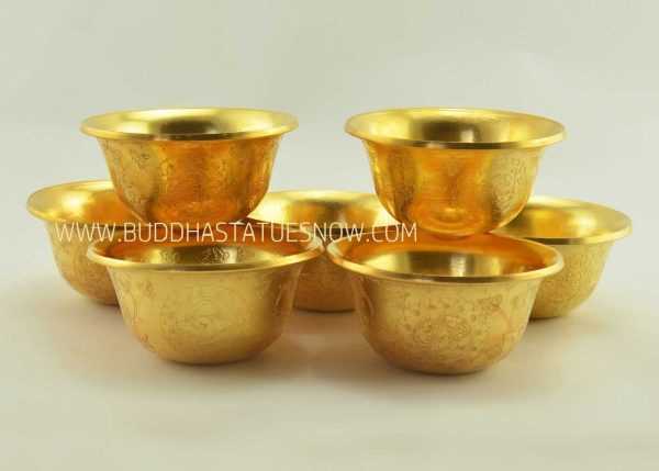 3.5" Set of 7 Offering Bowls Fine Hand Carvings, Fully Gold Plated - Gallery