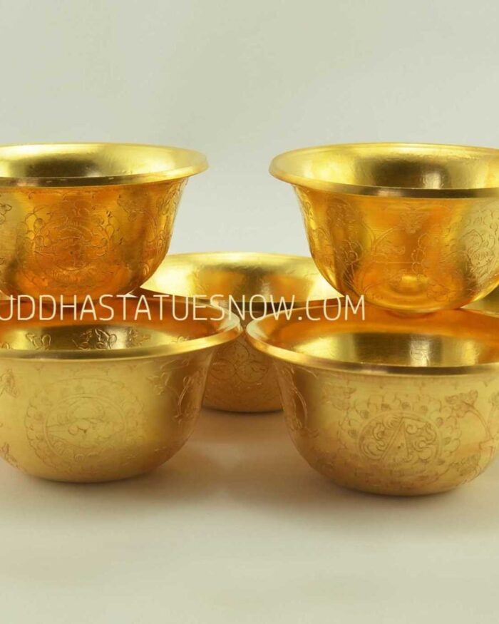 3.5" Set of 7 Offering Bowls Fine Hand Carvings, Fully Gold Plated - Gallery