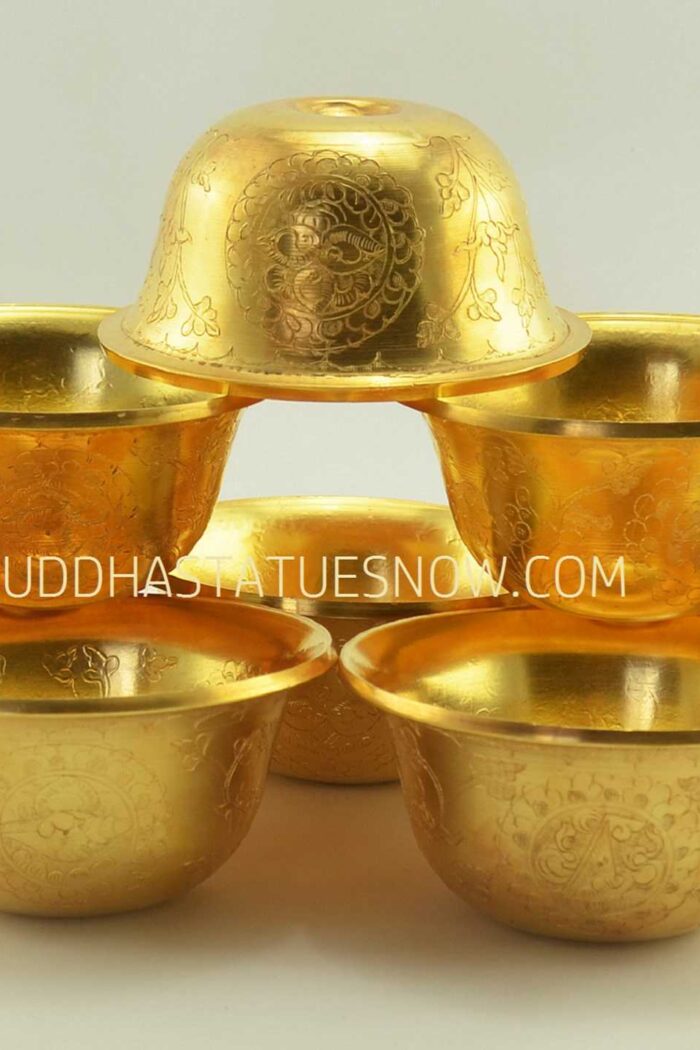3.5" Set of Eight Offering Bowls Fine Hand Carvings, Fully Gold Plated - Gallery