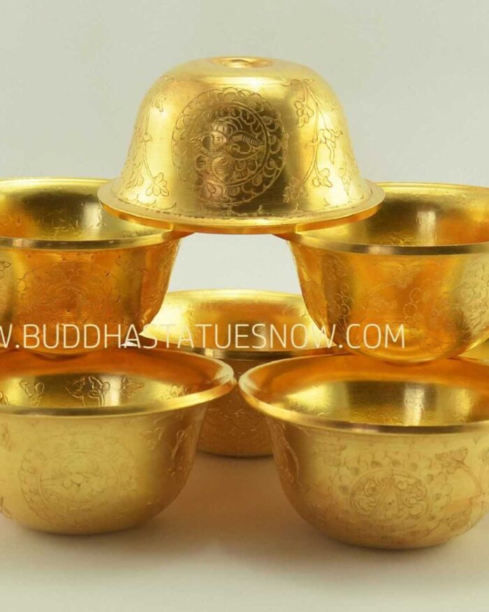 3.5" Set of Eight Offering Bowls Fine Hand Carvings, Fully Gold Plated - Gallery