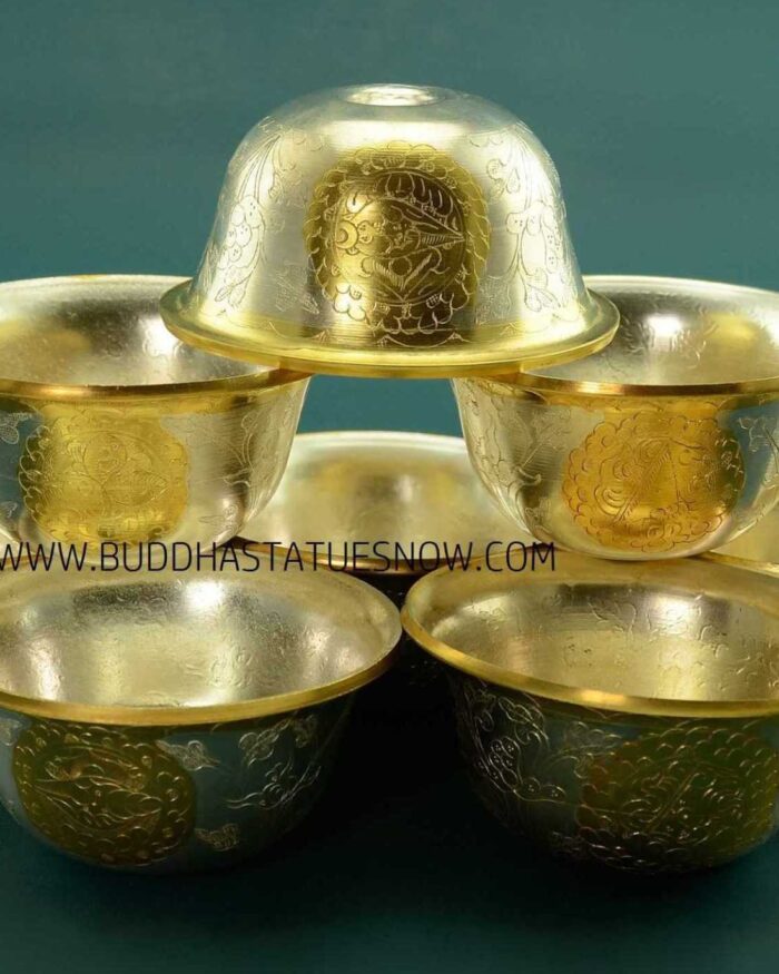 3.5" Set of Eight Offering Bowls, Fully Gold Silver Plated, Fine Hand Carvings - Gallery