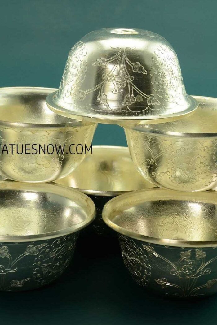 3.5" Set of Eight Offering Bowls, Fully Silver Plated, Fine Hand Carvings - Gallery